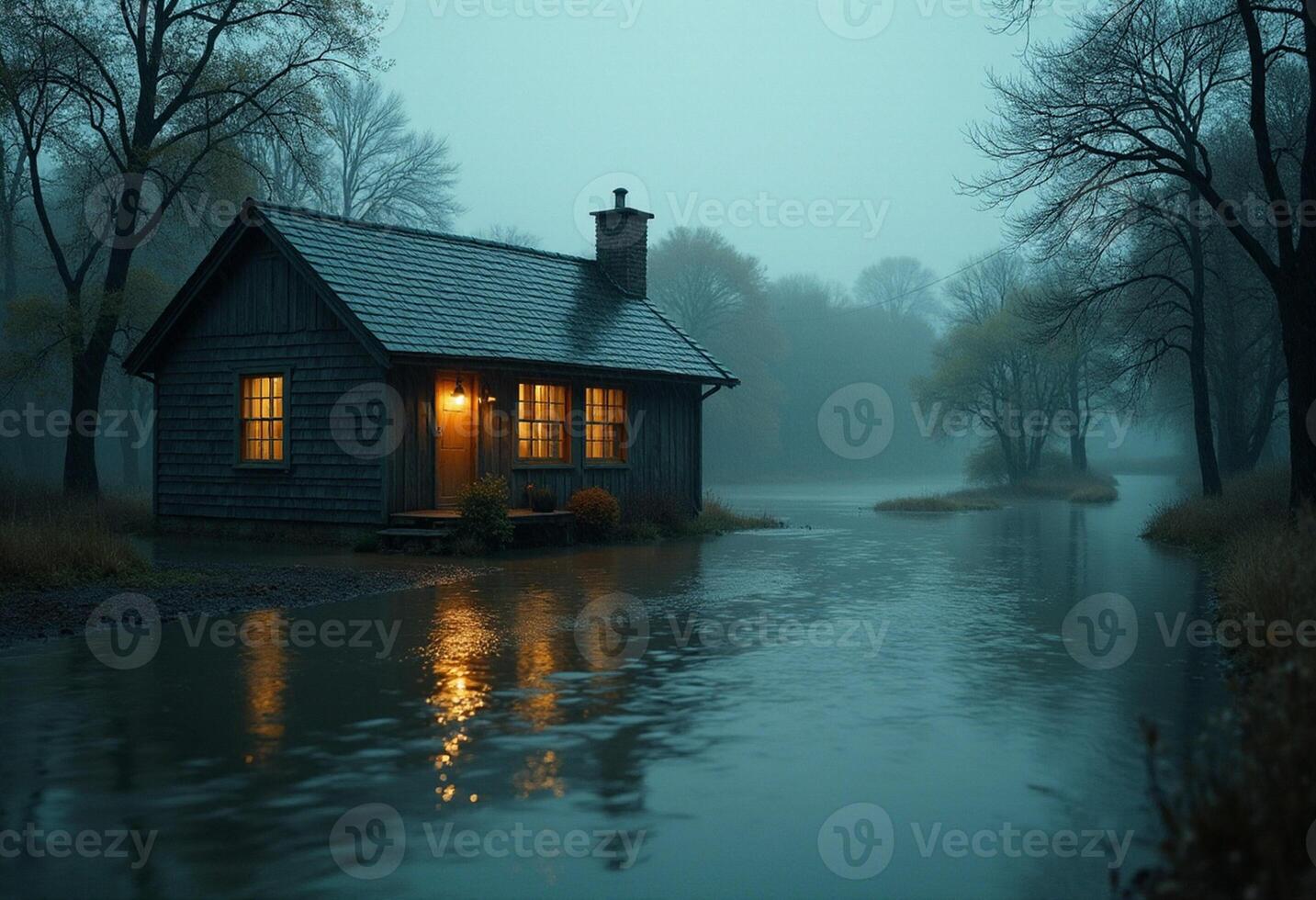A small cabin in the middle of a swamp at night photo