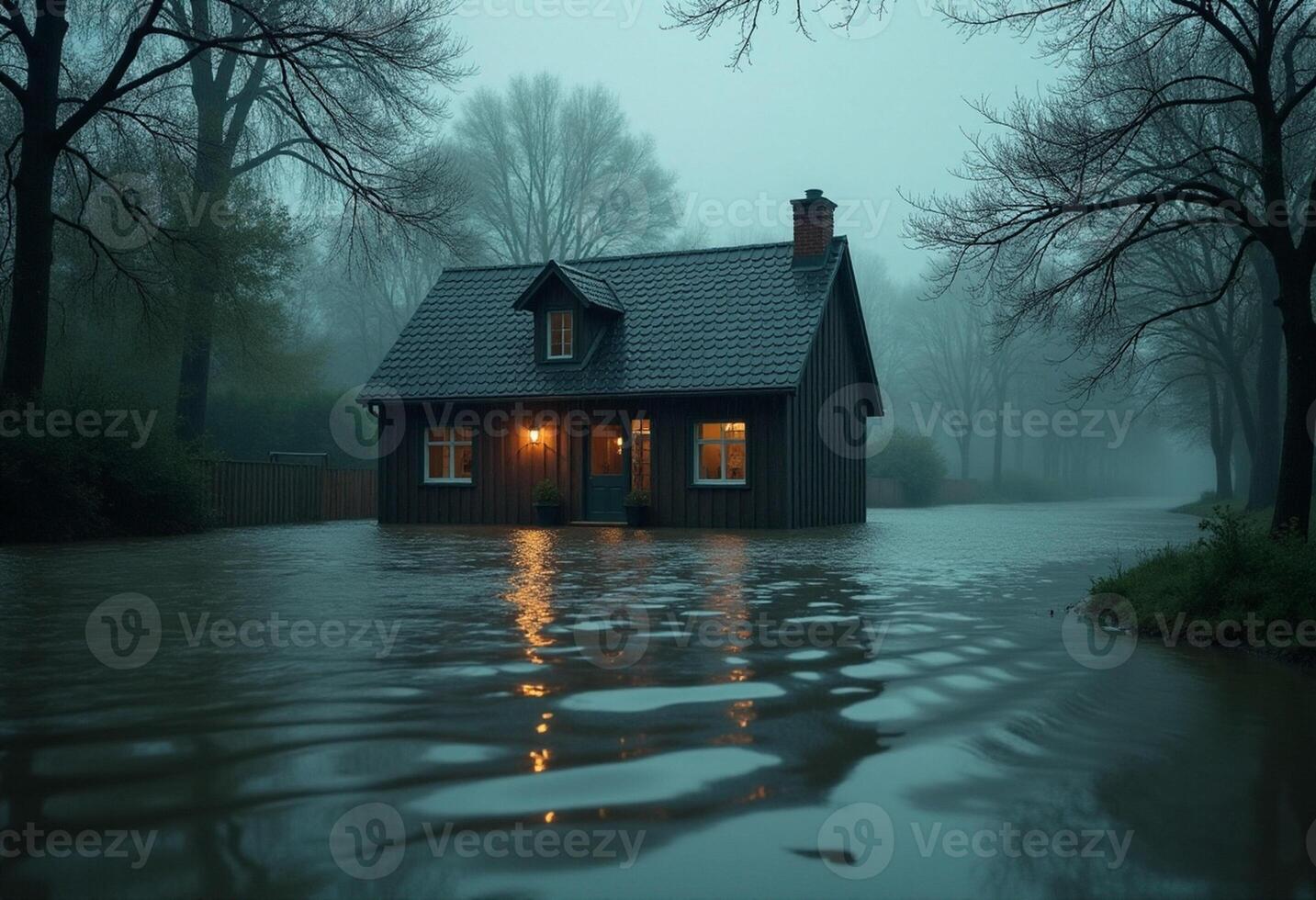 A house is surrounded by water in the middle of a flooded area photo