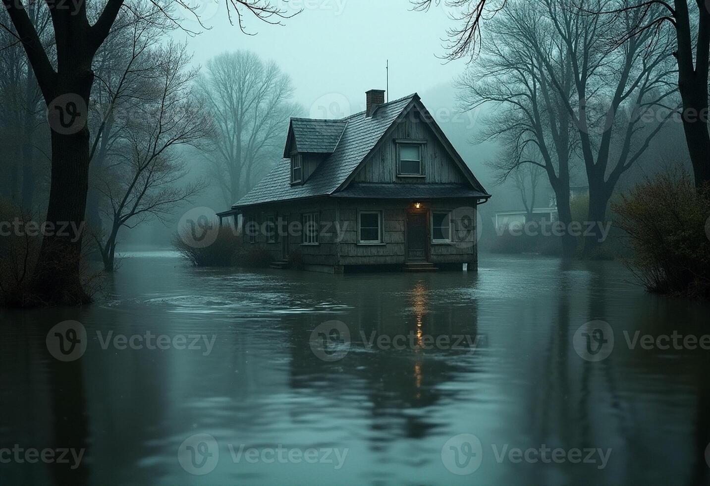 A house sits in the middle of a flooded forest photo