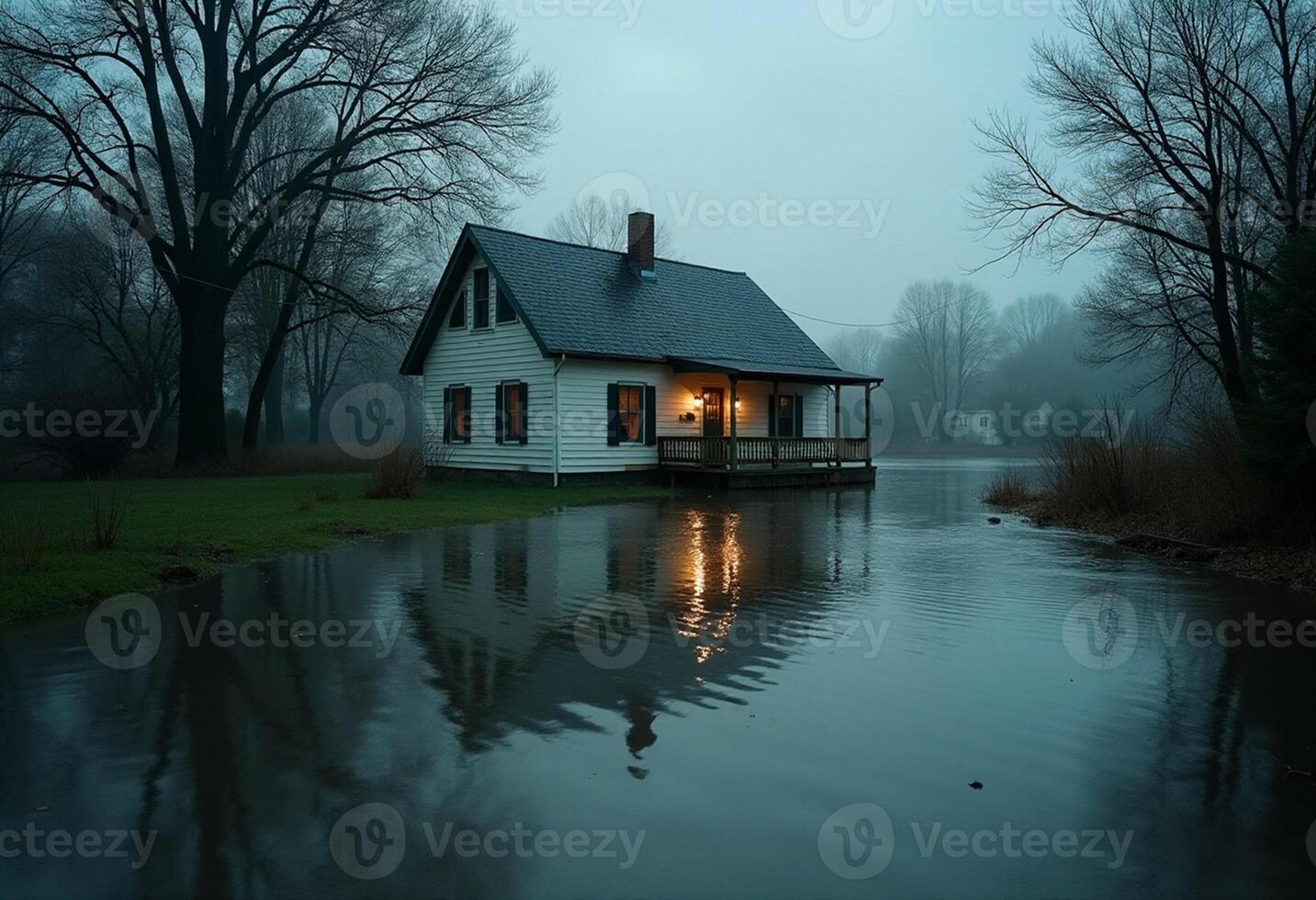 A house sits on the edge of a flooded field photo