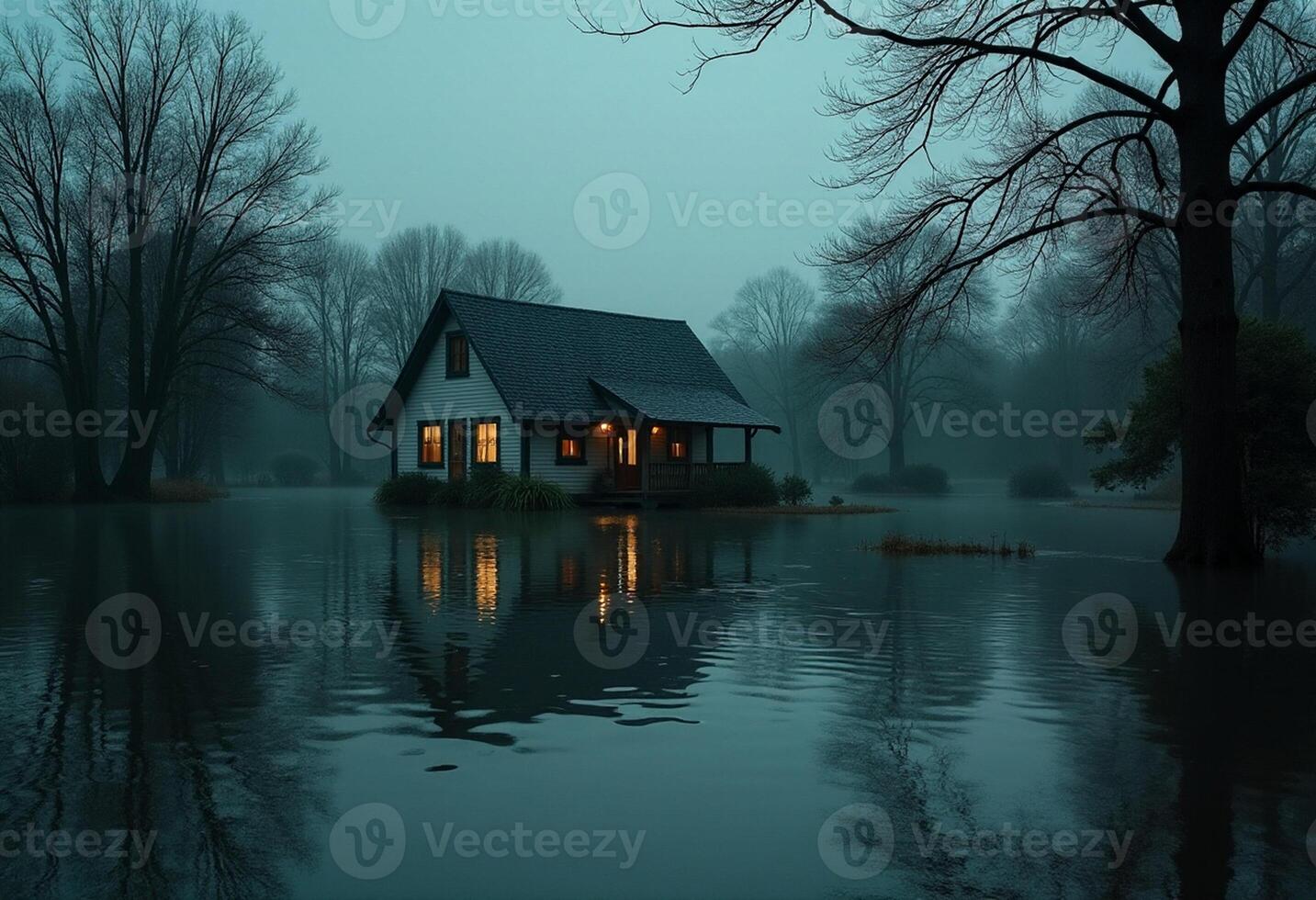 A house sits on a flooded lake at night photo