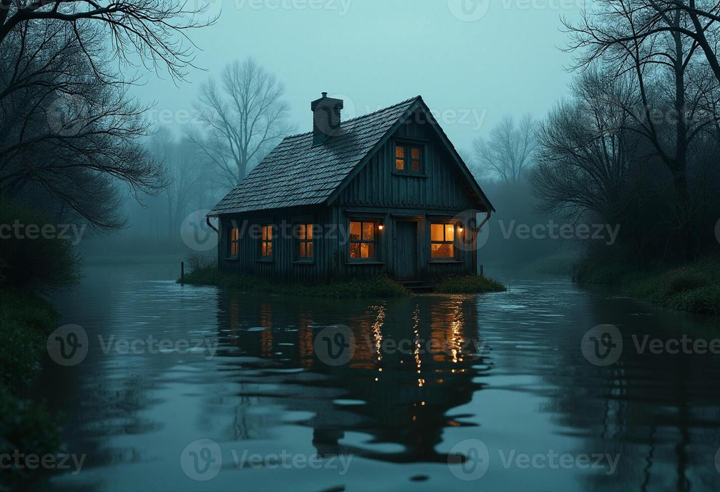 A small house sits on the edge of a lake at night photo
