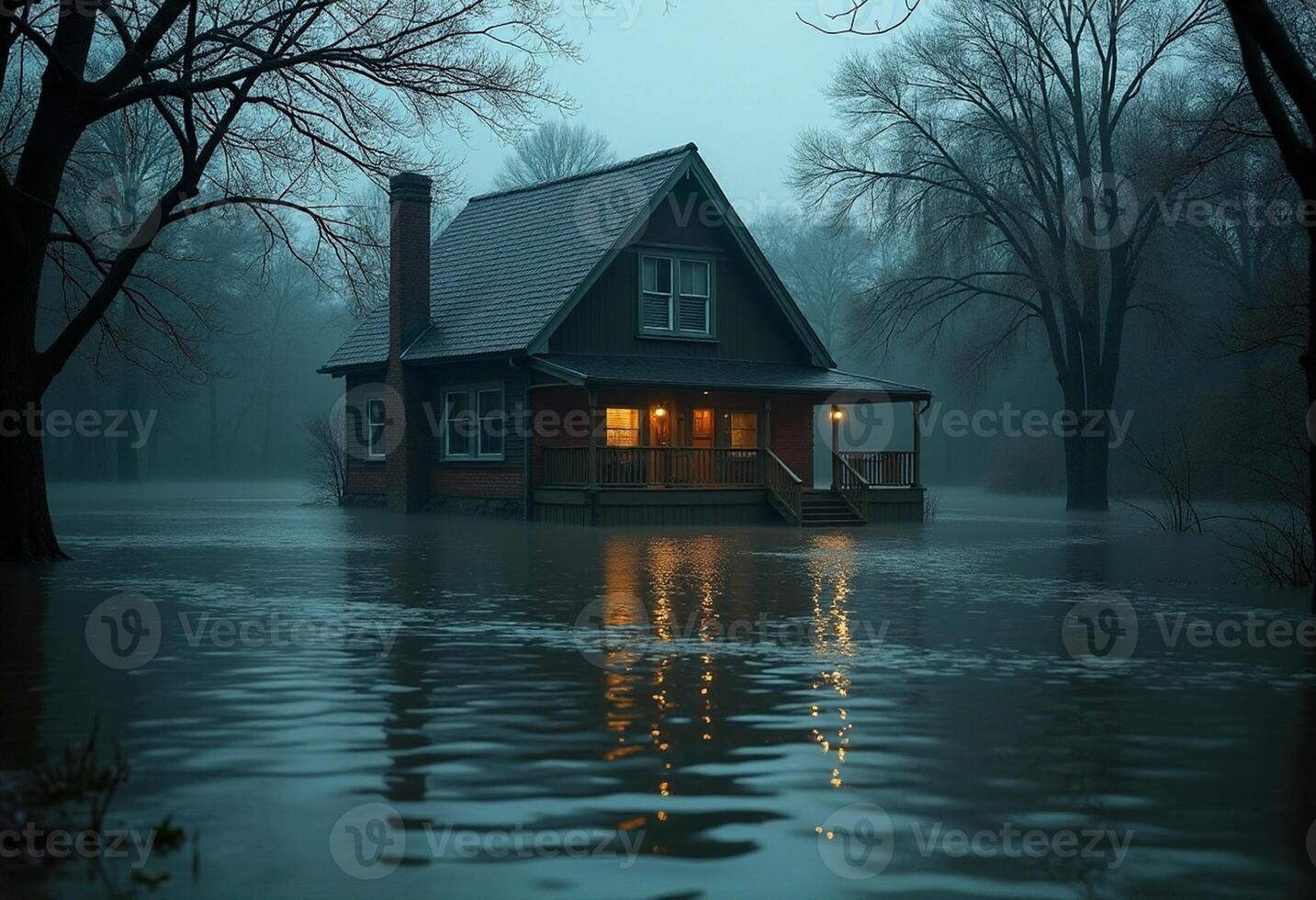 A house is submerged in water in the middle of a flooded forest photo