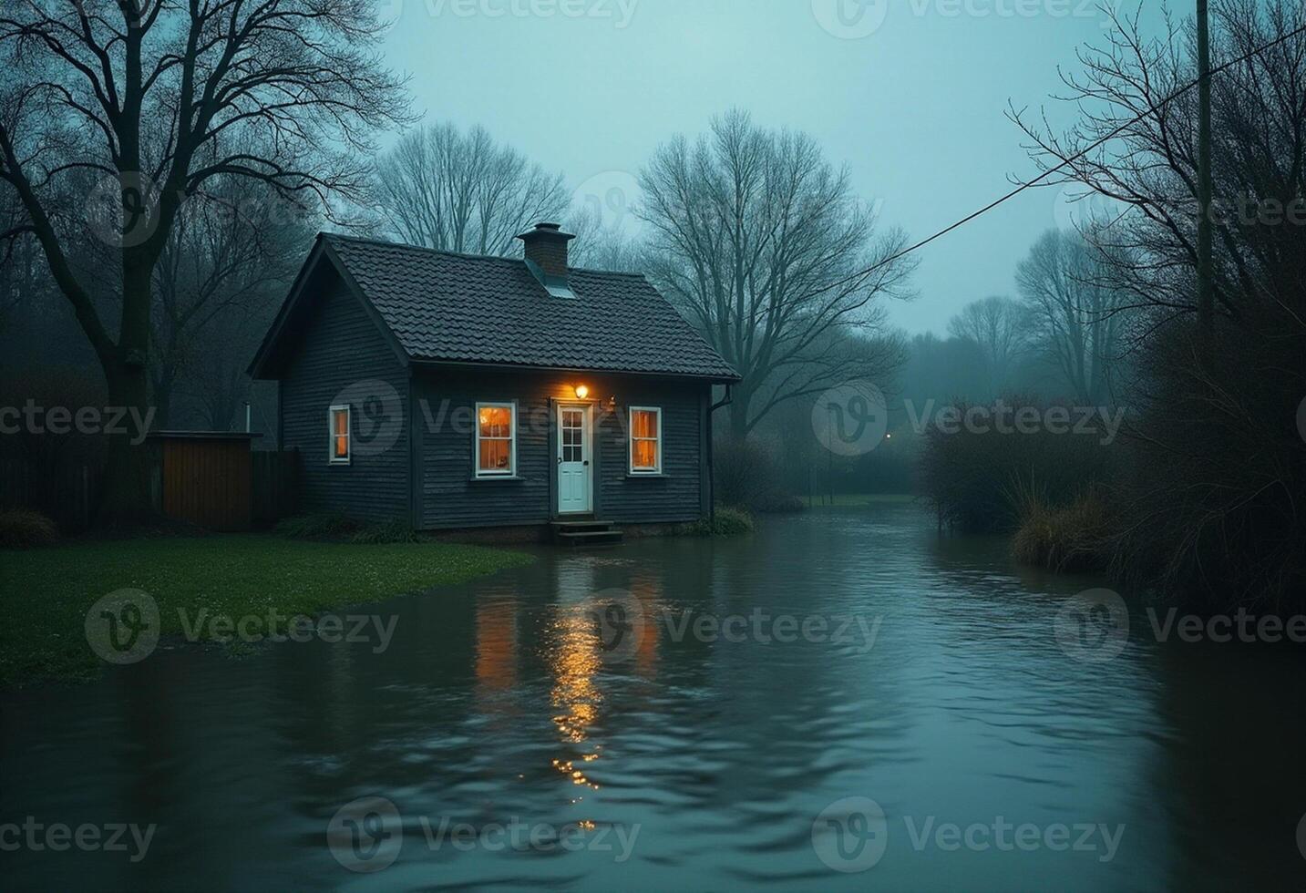 A small house sits on the edge of a flooded river photo