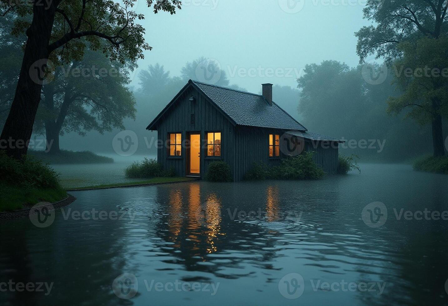 A small house sits in the middle of a lake photo