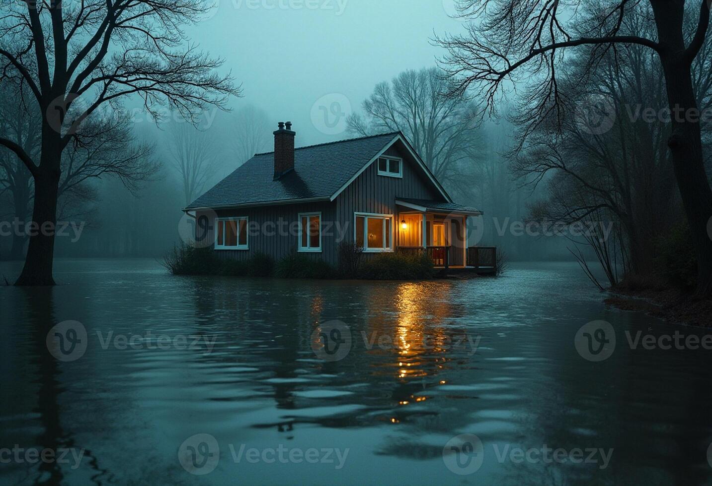 A house is in the middle of a flooded forest photo