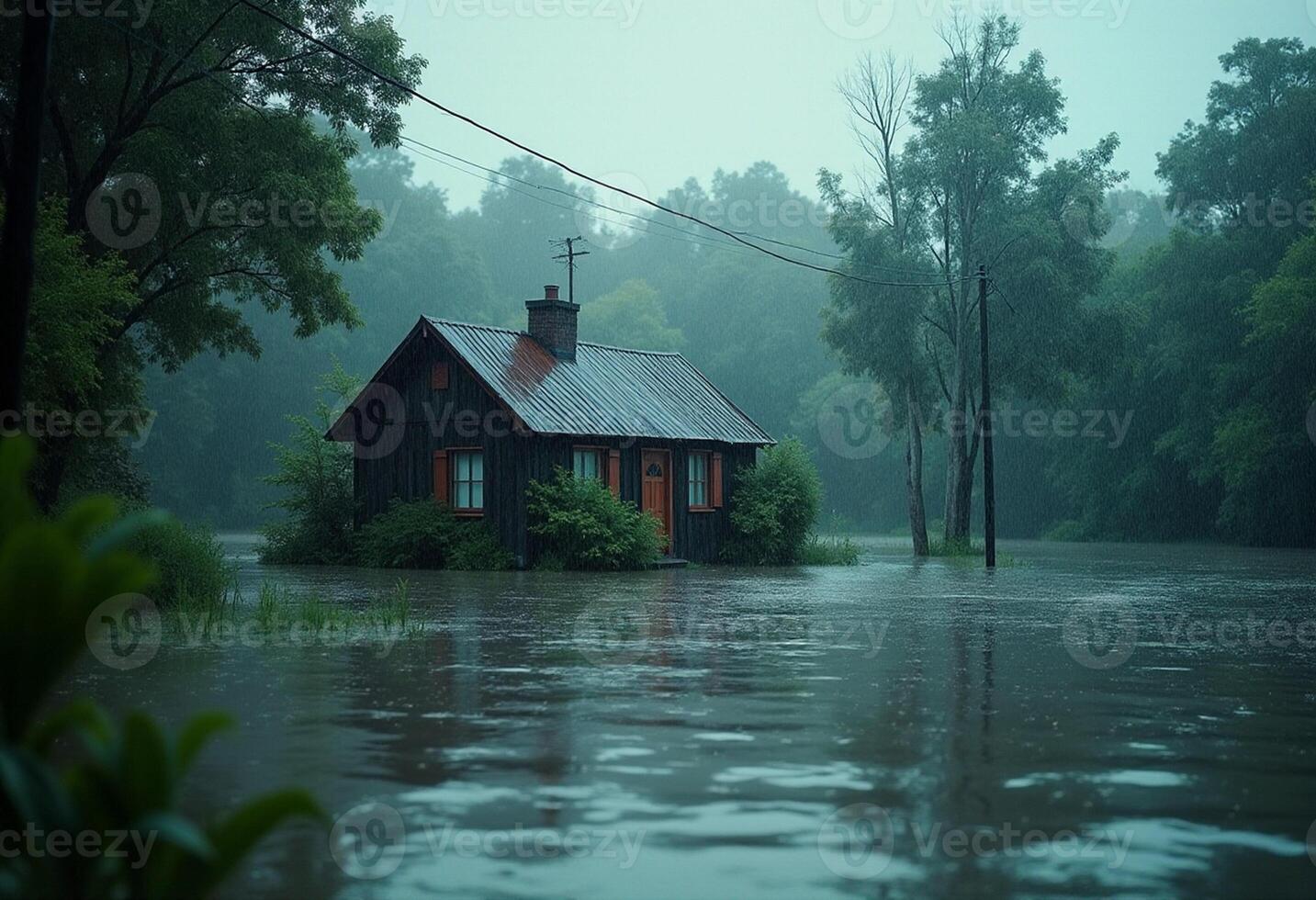 A small house sits in the middle of a flooded forest photo