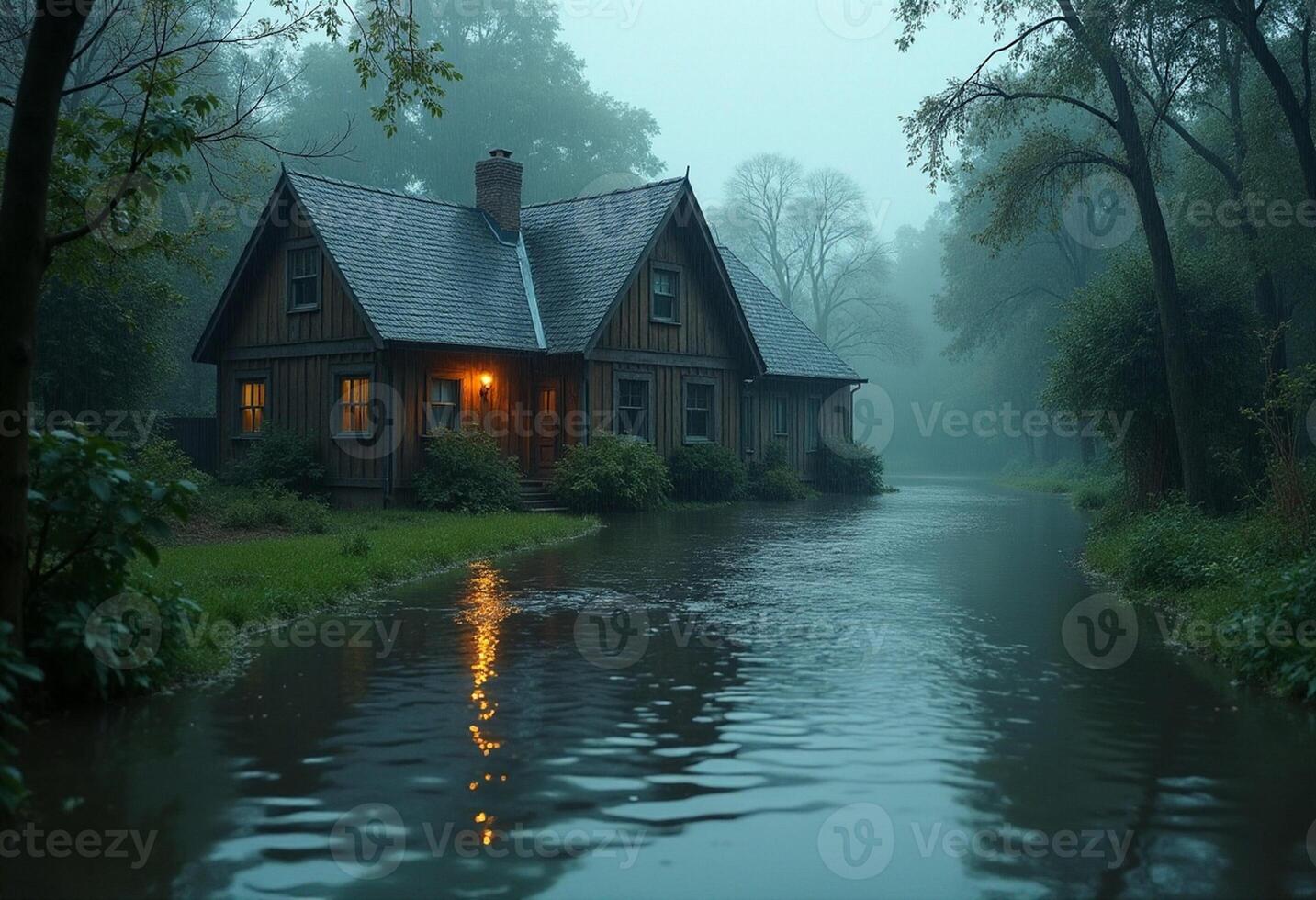 A house sits on a river bank in the fog photo
