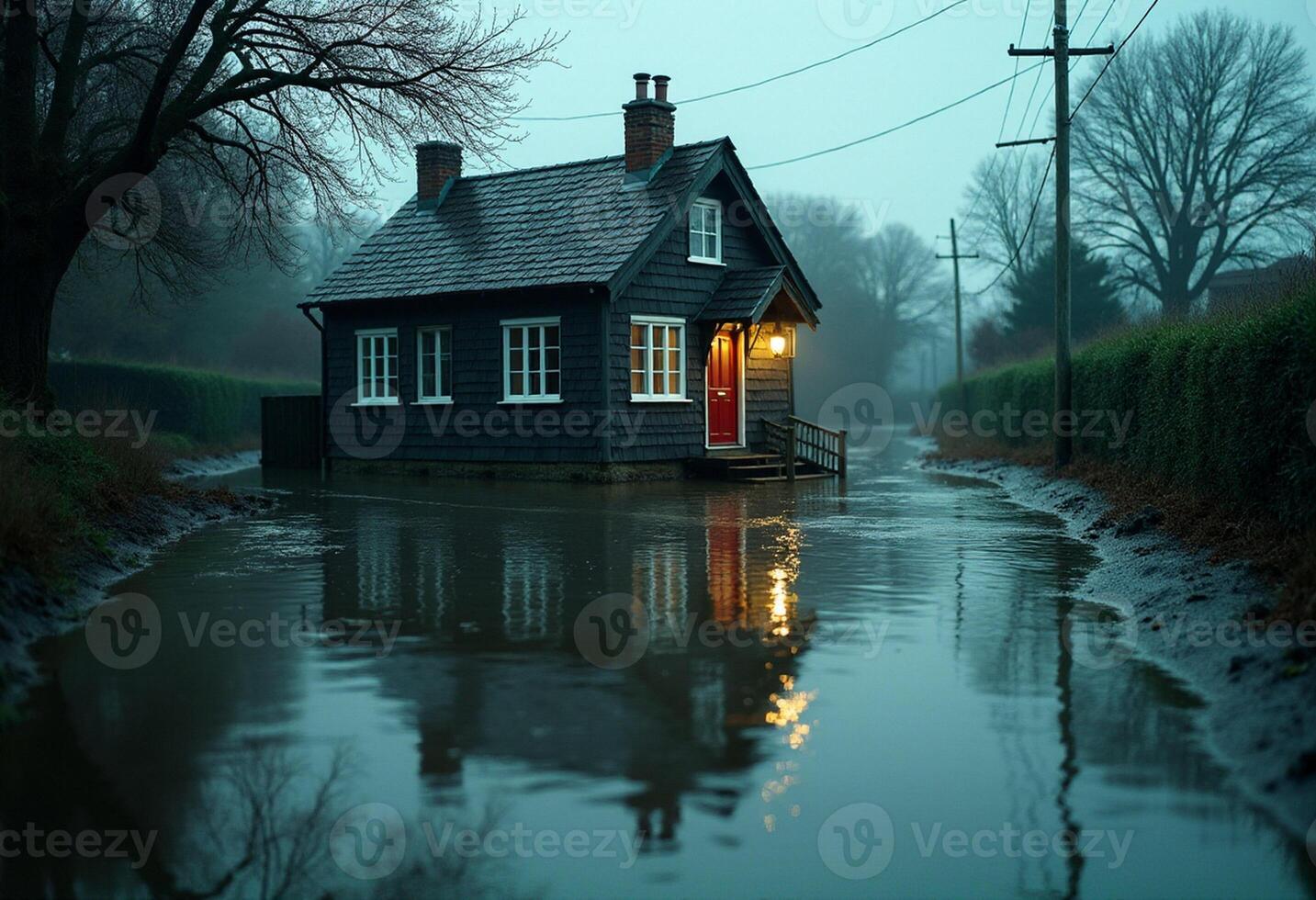 A small house sits in the middle of a flooded road photo