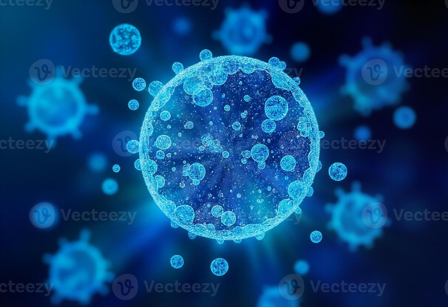 A blue virus surrounded by many small bubbles photo