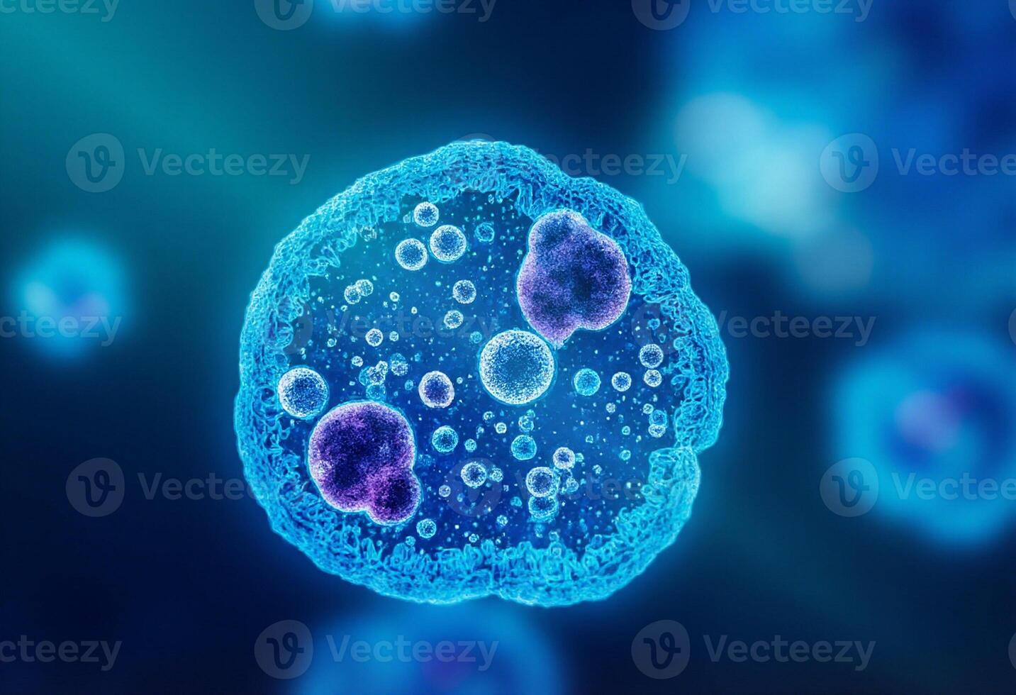 A cell with a blue background and a purple object photo