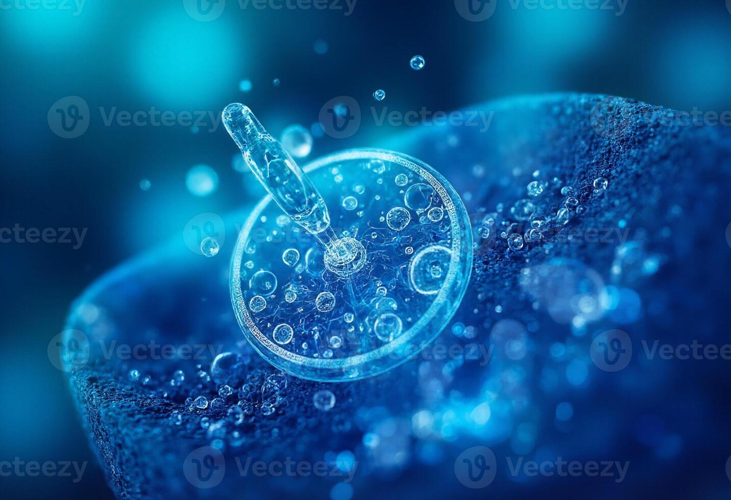 A blue liquid with bubbles floating around it photo