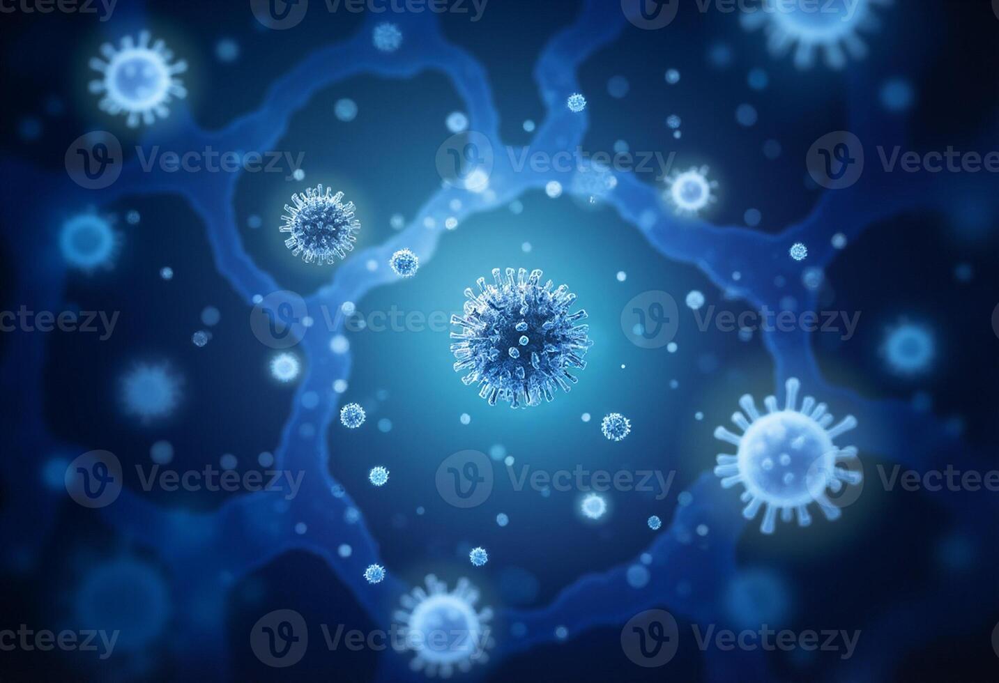 Coronavirus, viruses, and bacteria on a blue background photo
