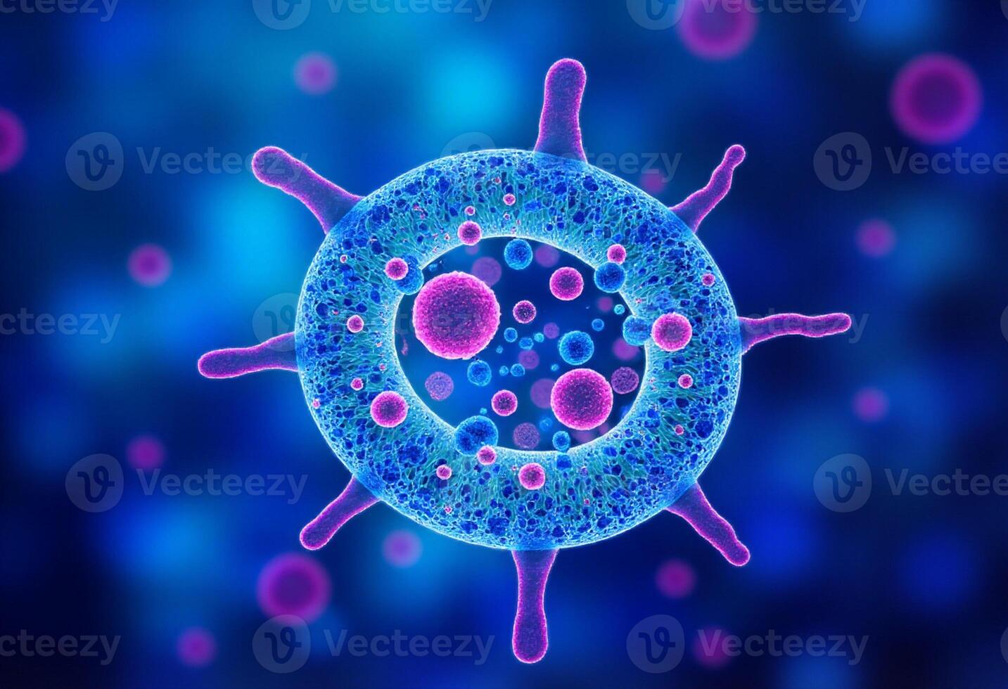 A virus is shown in blue and pink photo