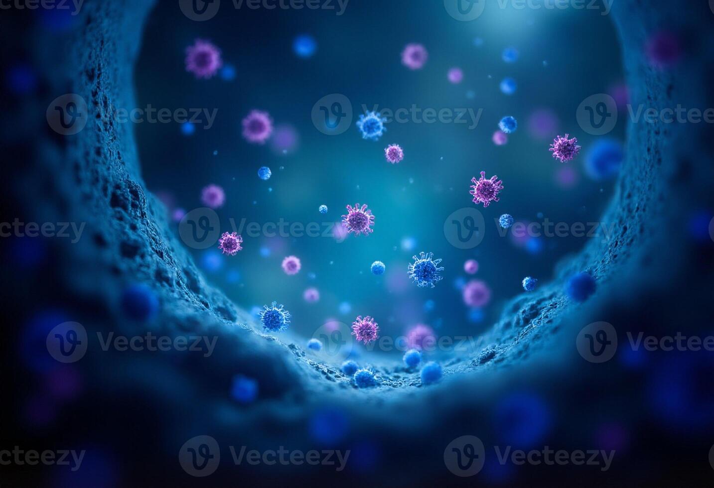 A virus is seen in a dark tunnel with blue and purple particles photo