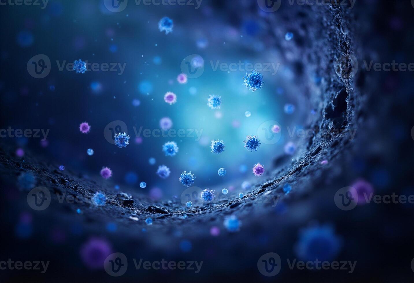 A blue and purple background with many viruses photo