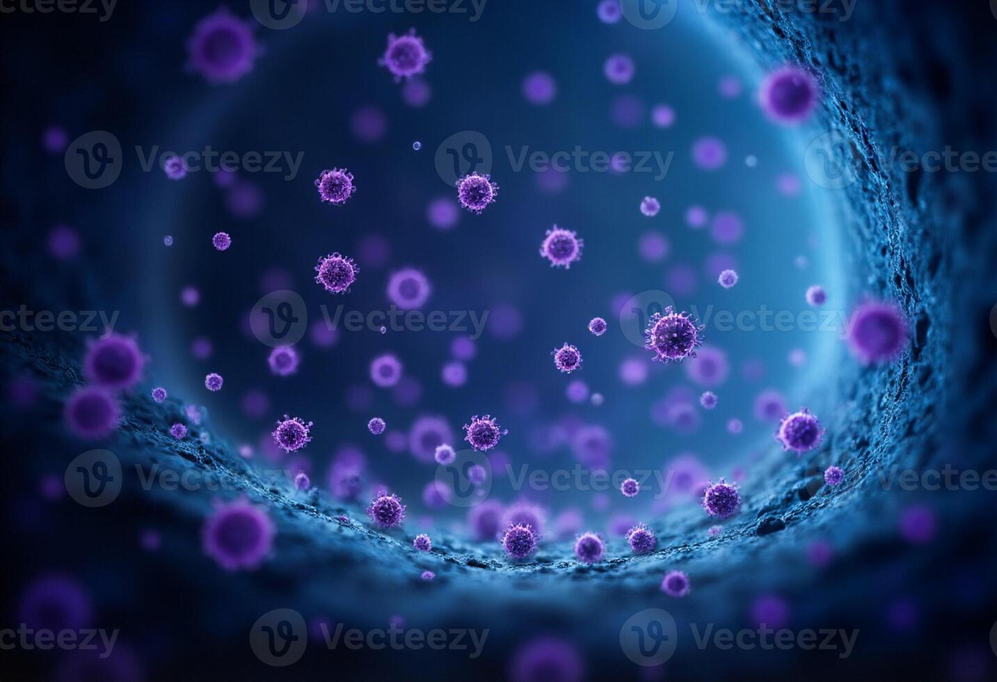 A virus is surrounded by purple cells photo
