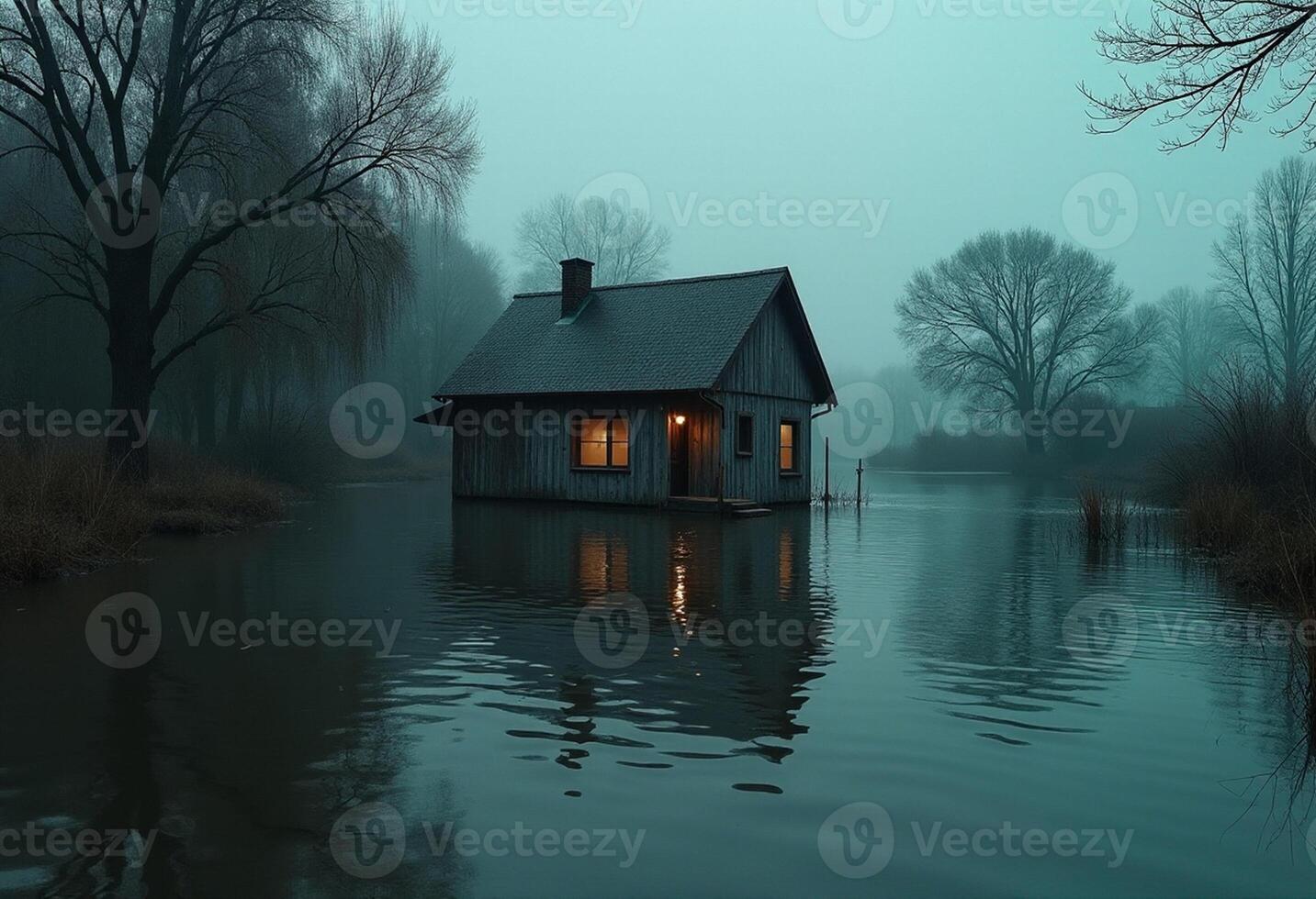 Flooded Wooden House in Rainy Landscape photo