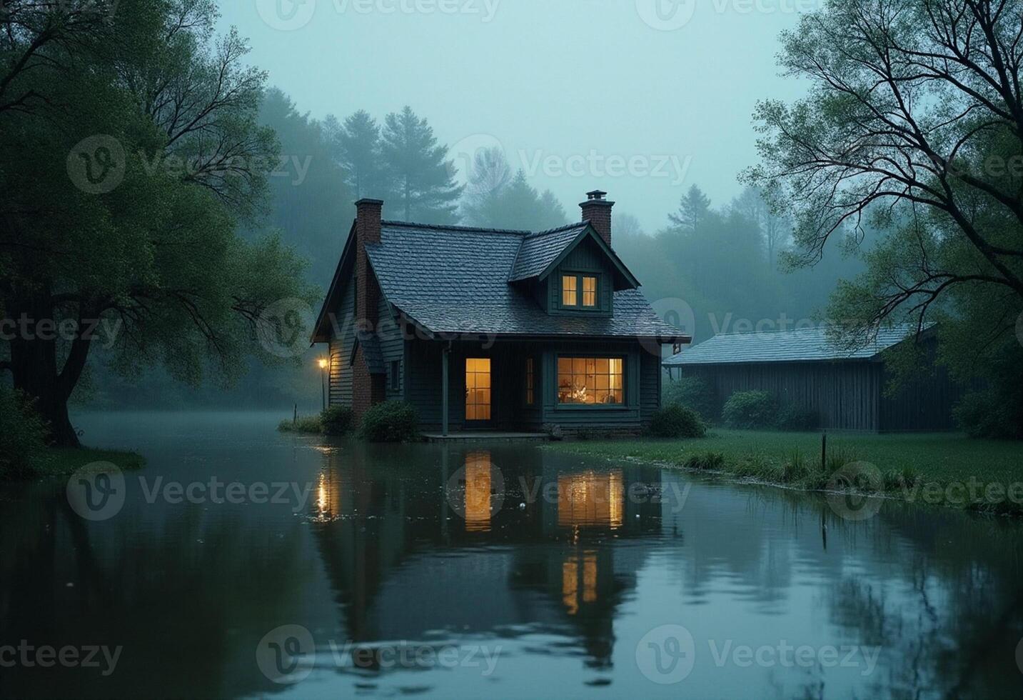 Wooden House by River in Rain photo