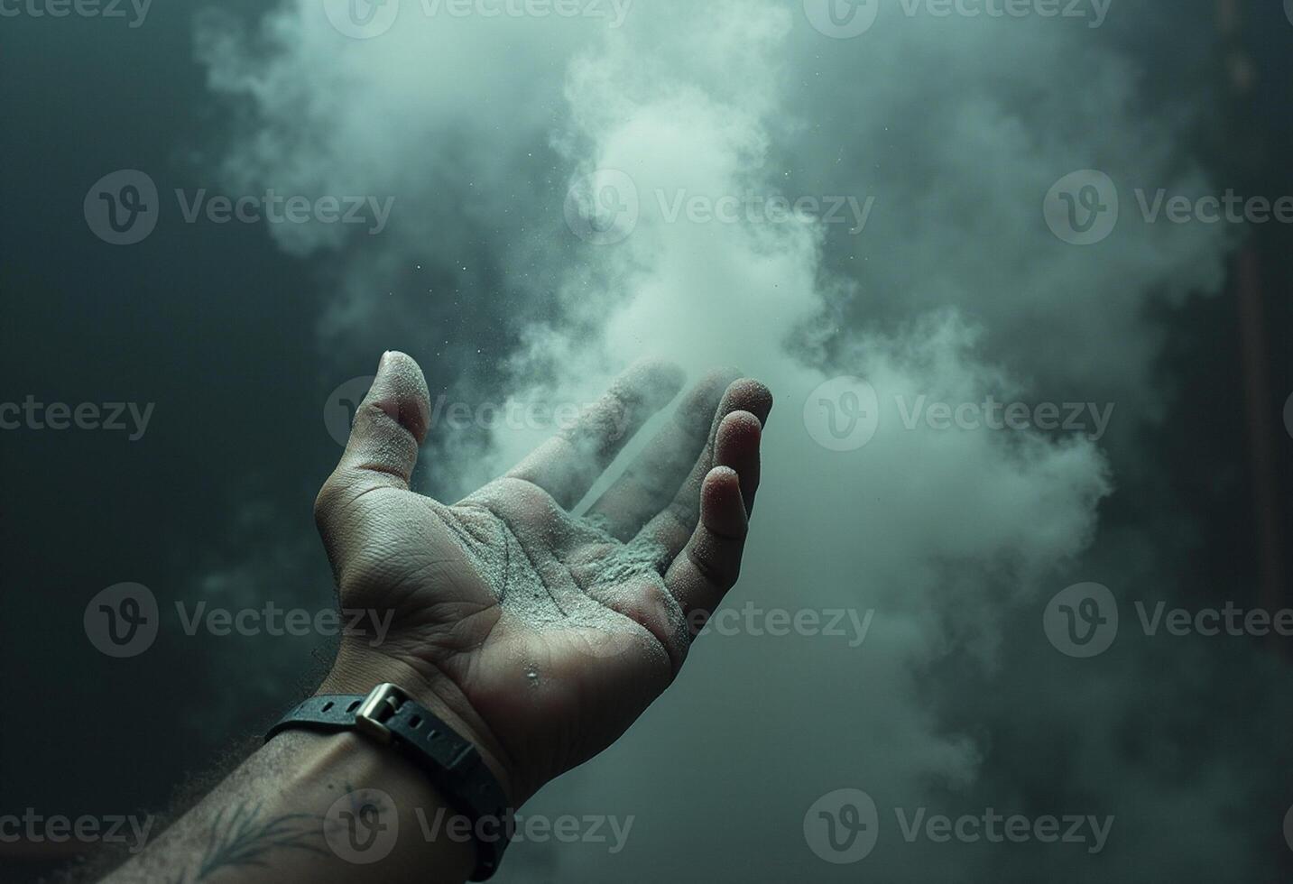 A person holding a hand with smoke coming out of it photo