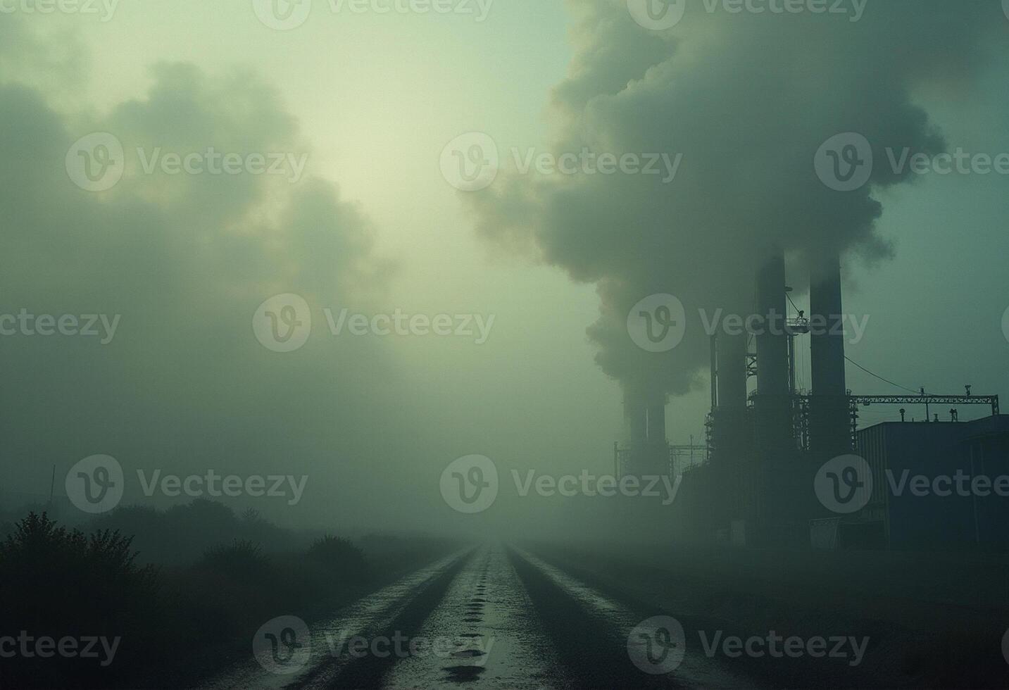 Foggy industrial factory in the middle of the road photo