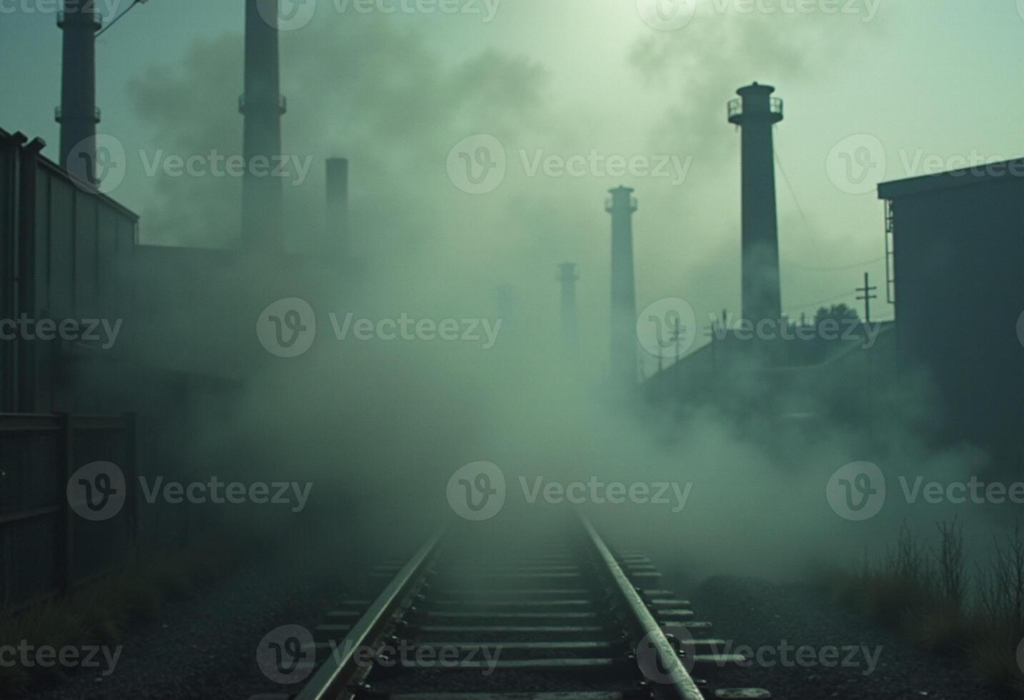 A train track with smoke coming out of the pipes photo