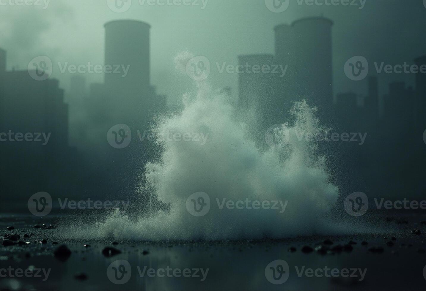 A cityscape with a large water splash in front of it photo