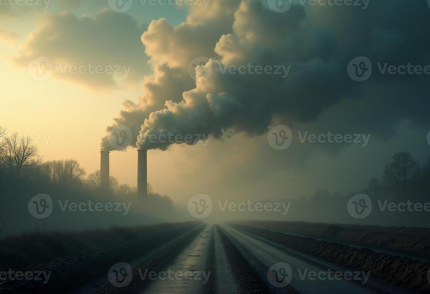 A road with smoke coming out of the chimneys photo