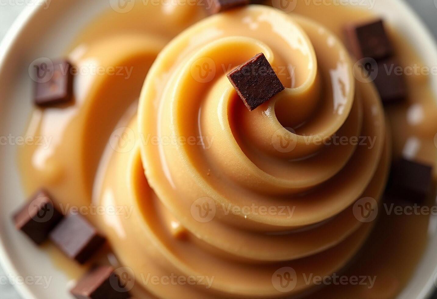 A bowl of caramel with chocolate chips on top photo