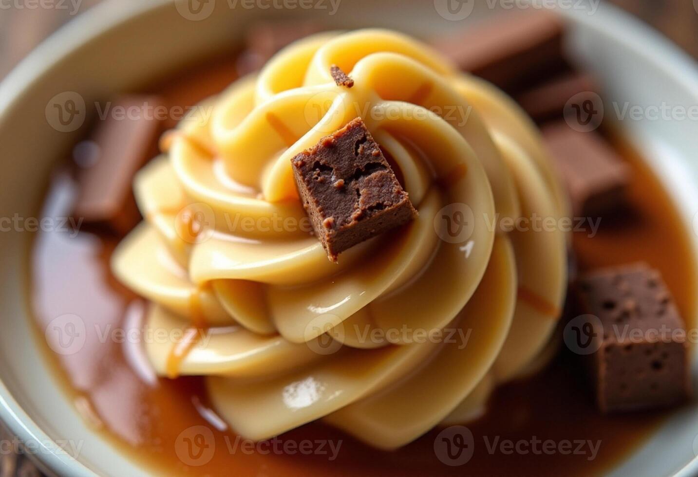 A bowl of caramel with chocolate pieces on top photo