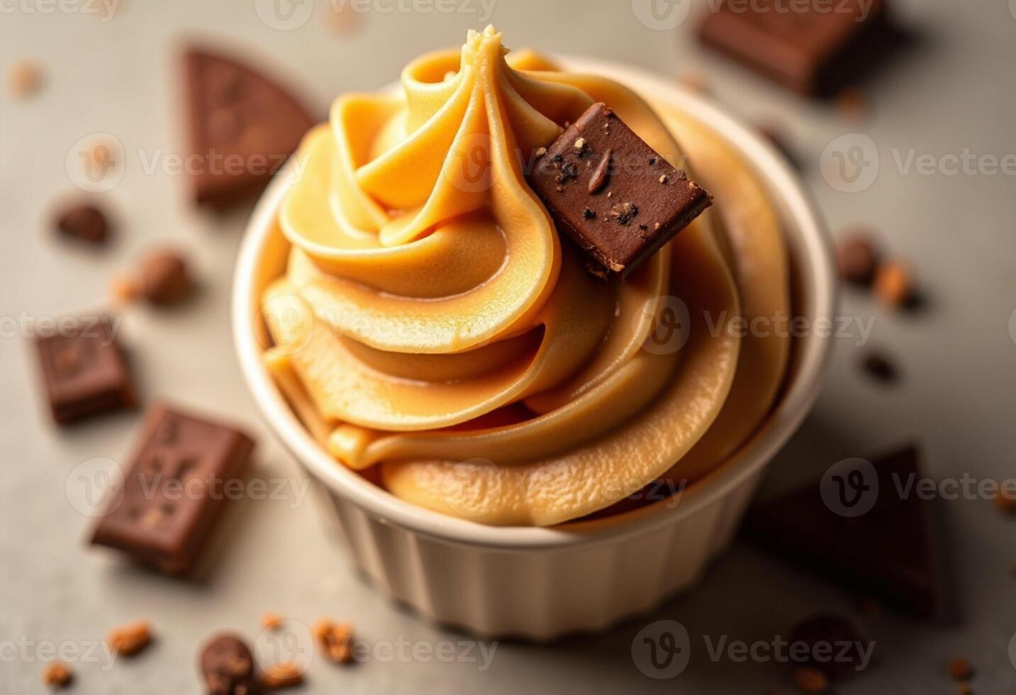 A cup of frosting with chocolate chips on top photo