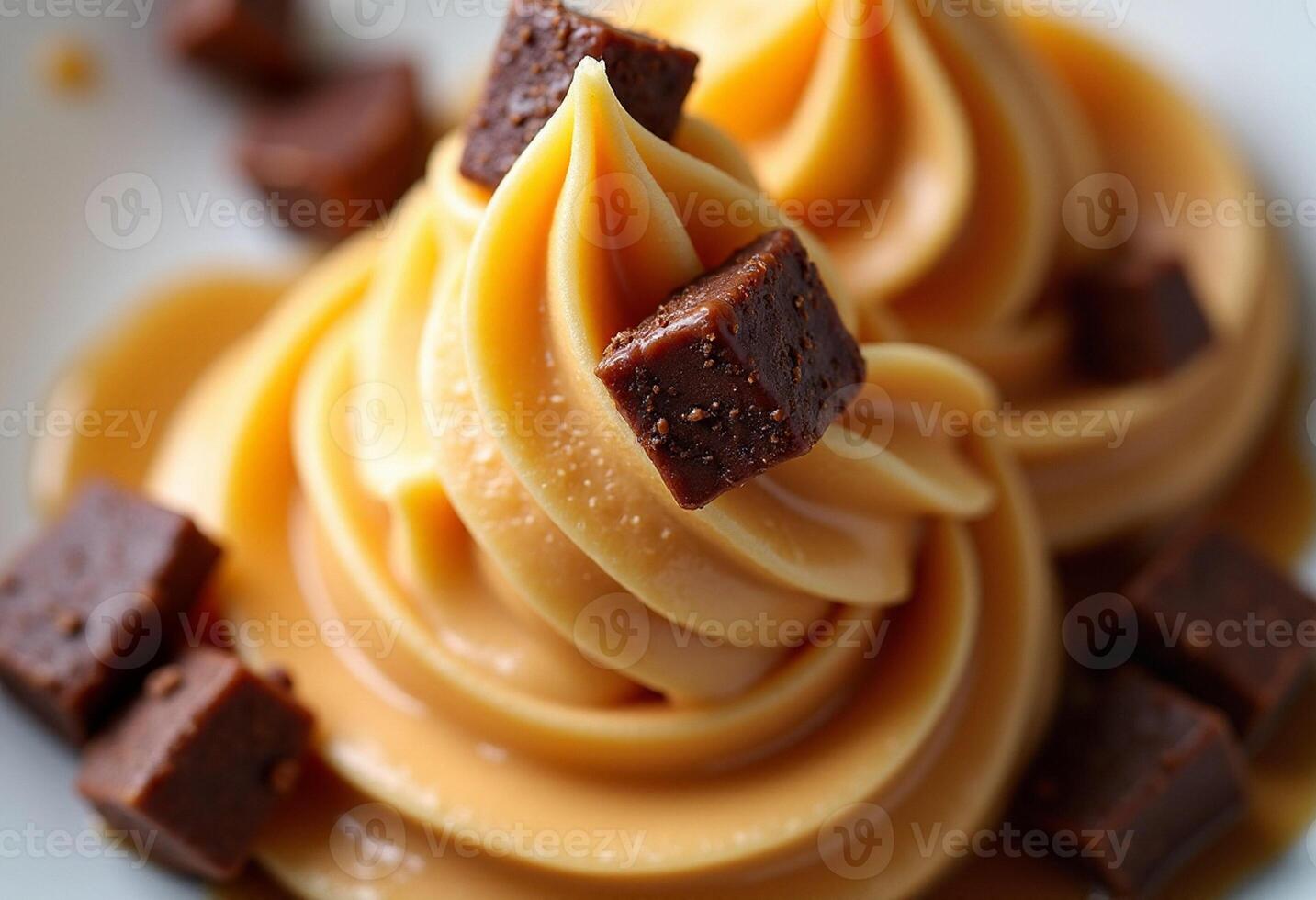 A close up of a bowl of caramel ice cream with chocolate chunks photo