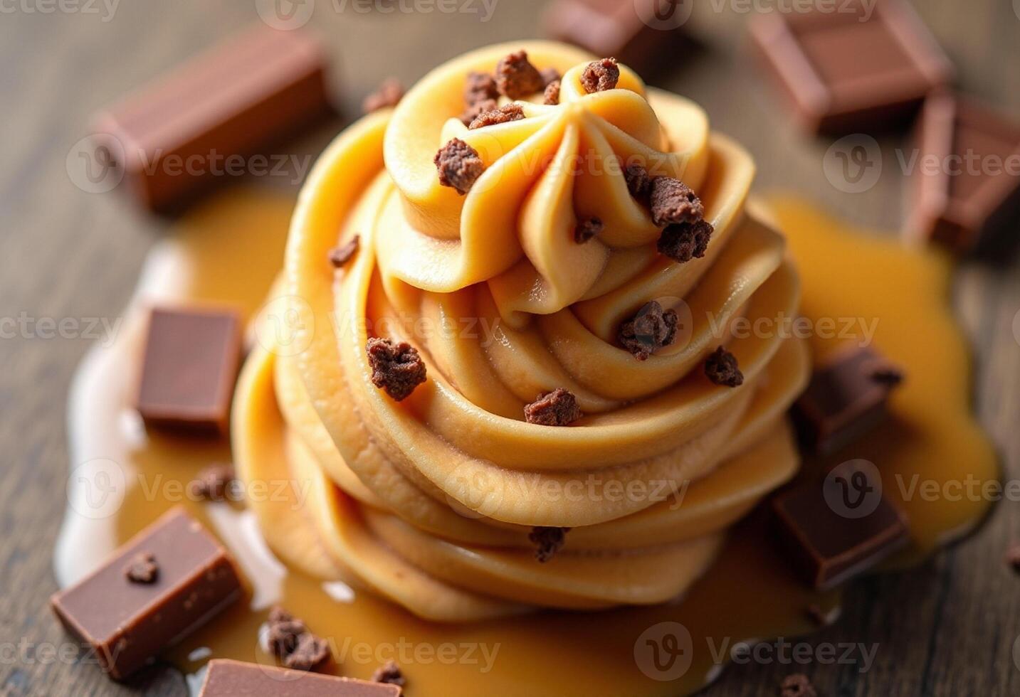 A caramel swirl topped with chocolate and caramel photo