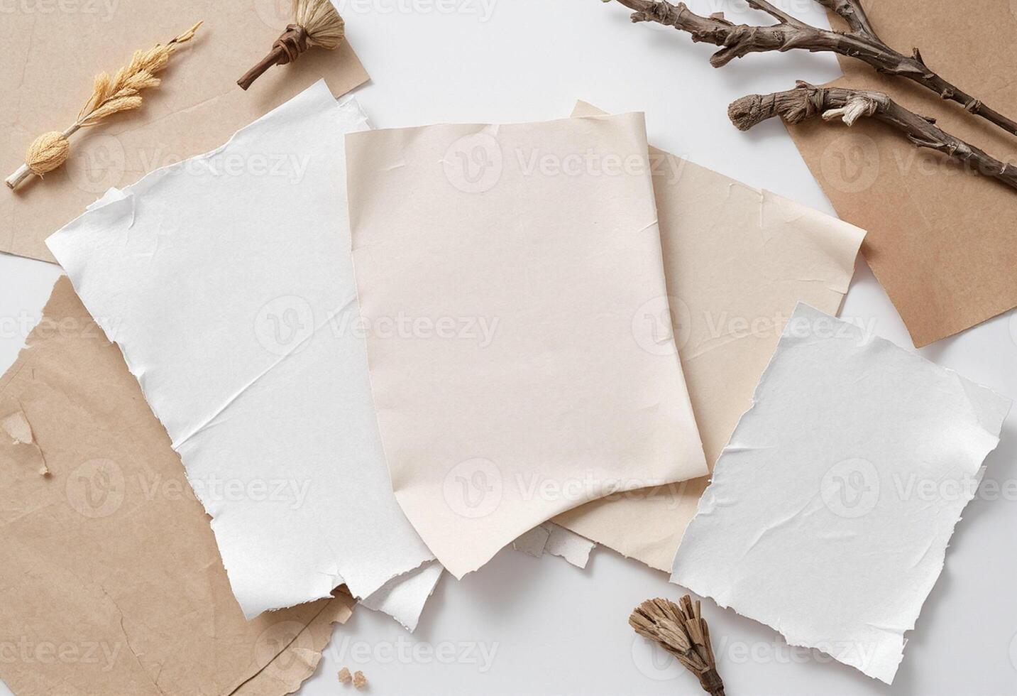 Several pieces of paper and twigs on a white surface photo