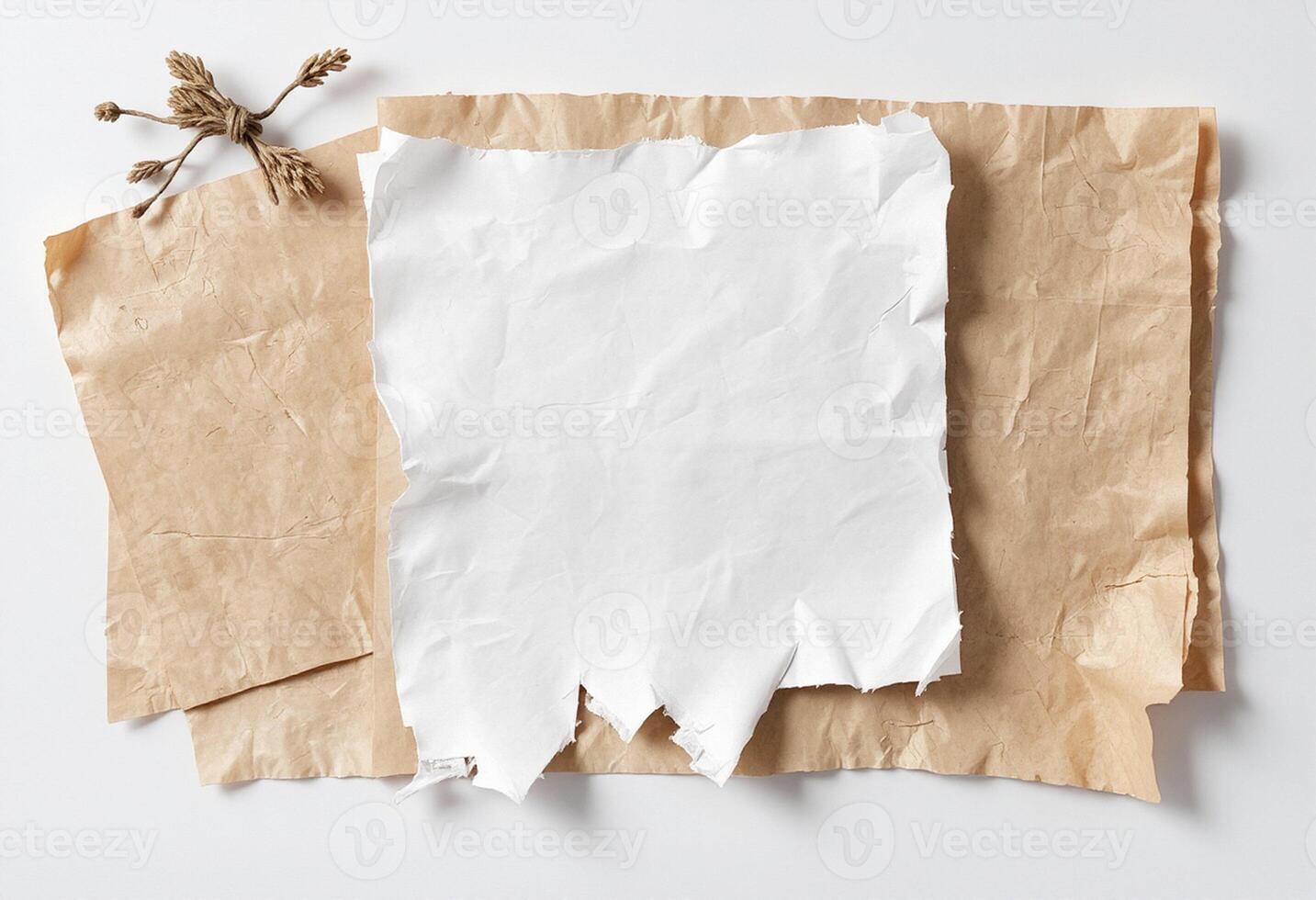 A piece of brown paper with a piece of paper and dried flowers photo
