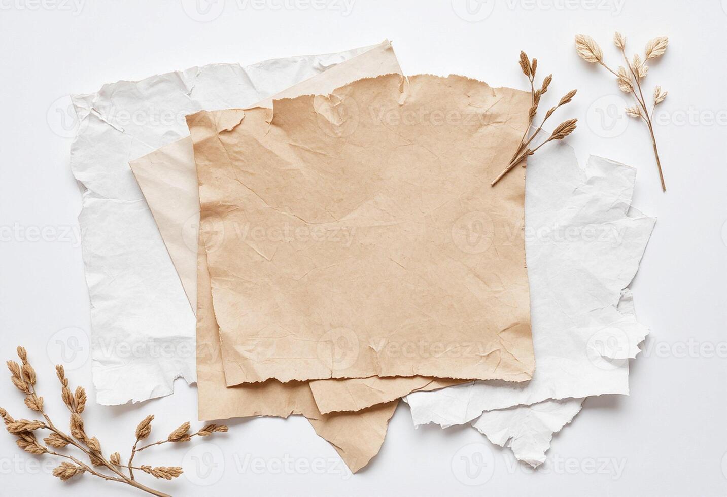 Several pieces of paper and dried grass on a white surface photo