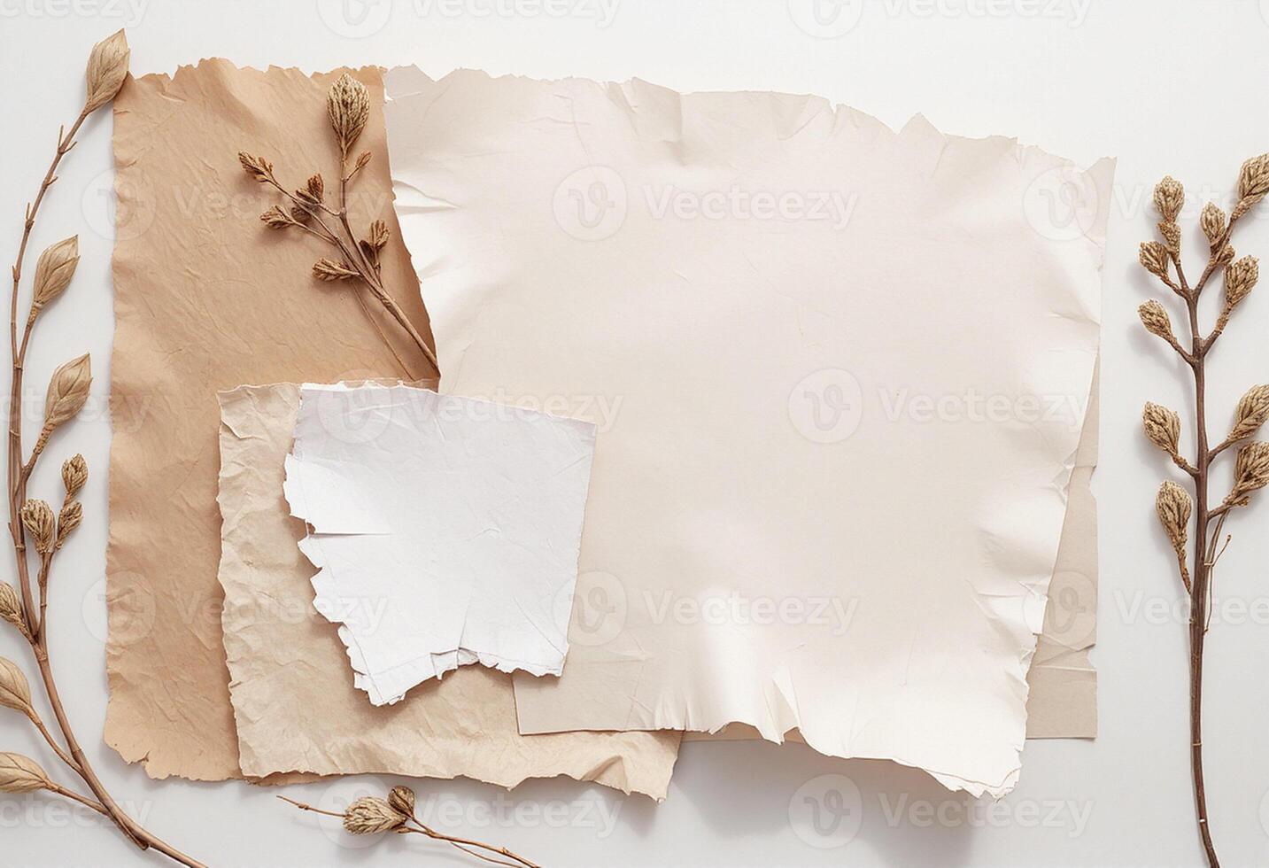 Various pieces of paper and dried grass on a white surface photo