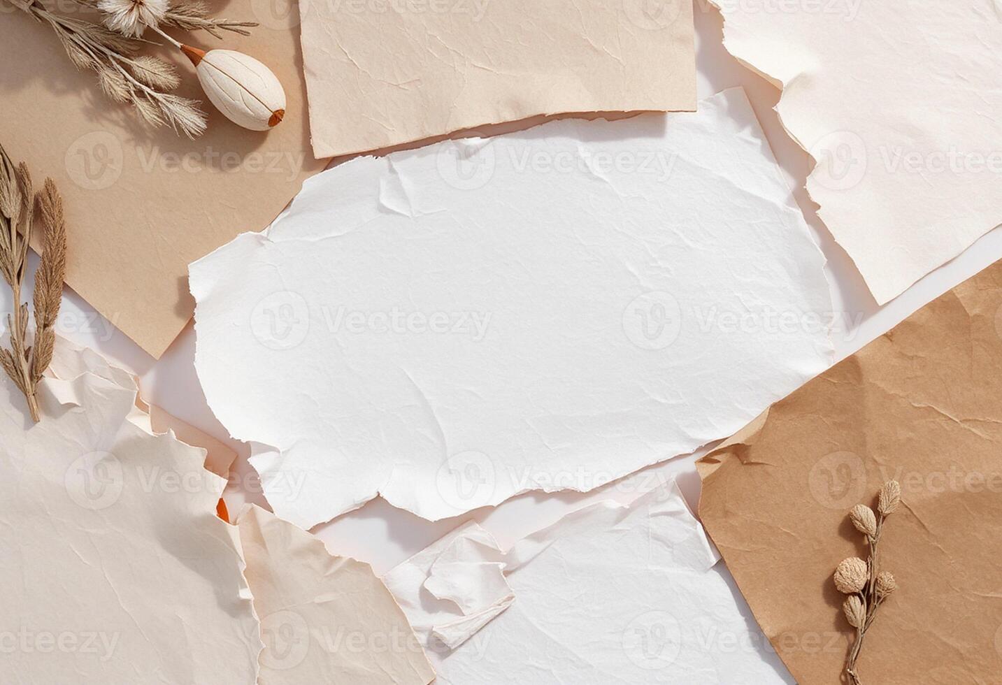 Several pieces of paper with dried flowers and leaves photo