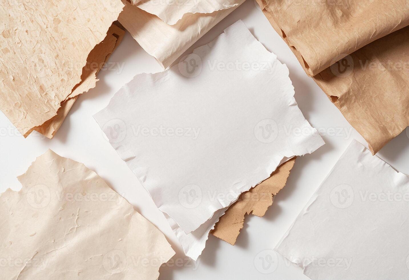 Several pieces of paper with holes and torn edges photo