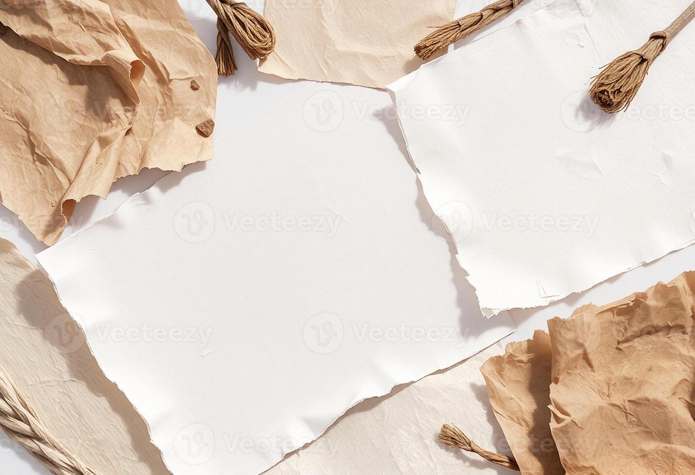 Paper and twigs on a white surface photo