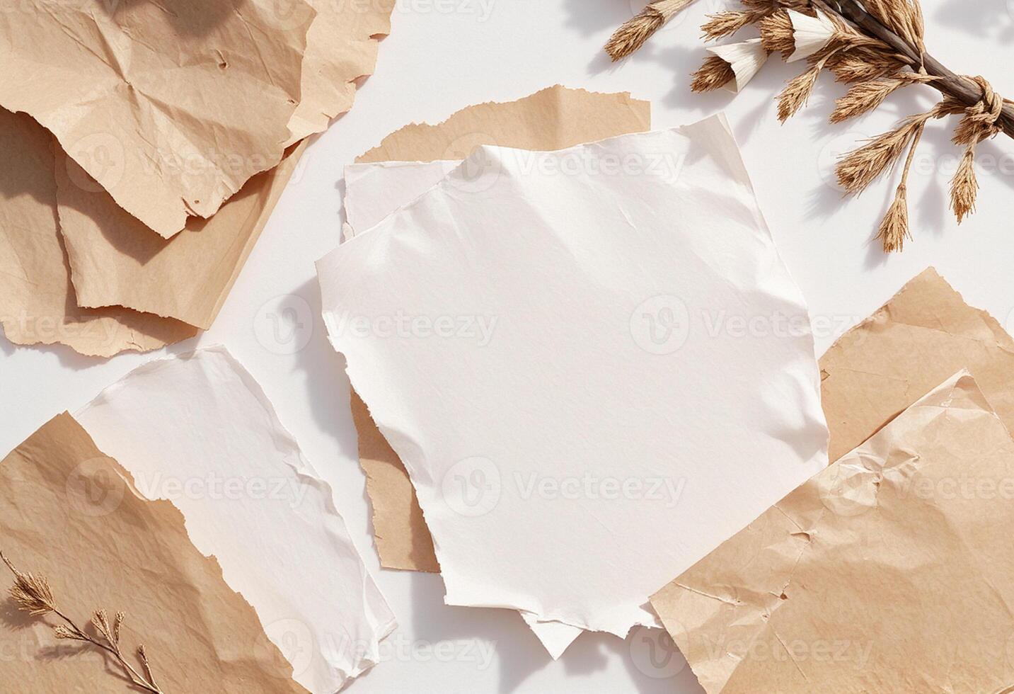 Several pieces of brown paper with dried grass photo