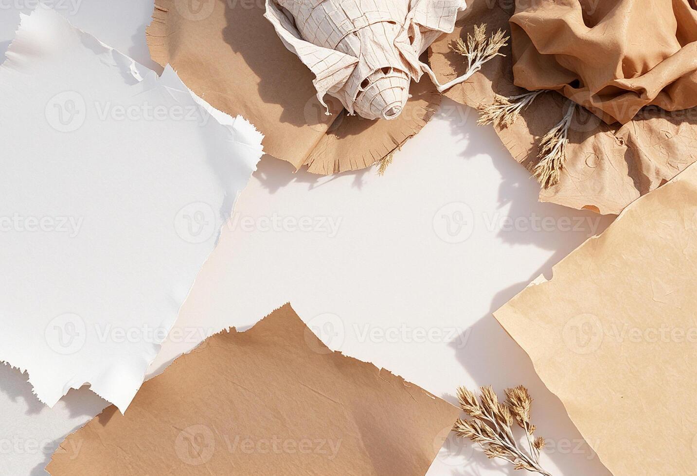 Paper, brown and white crumpled paper, and dried flowers photo