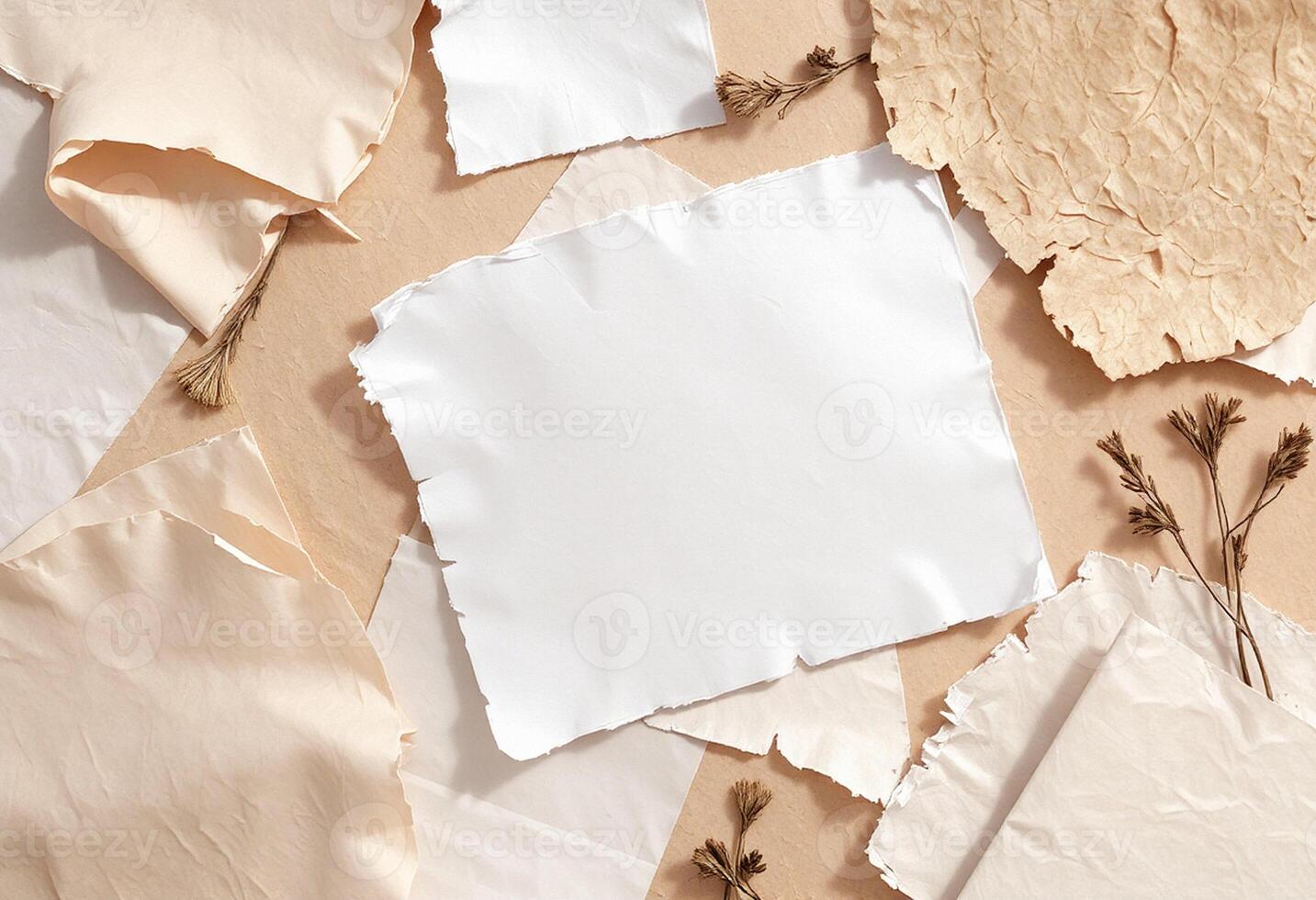 Paper and dried flowers on a brown background photo