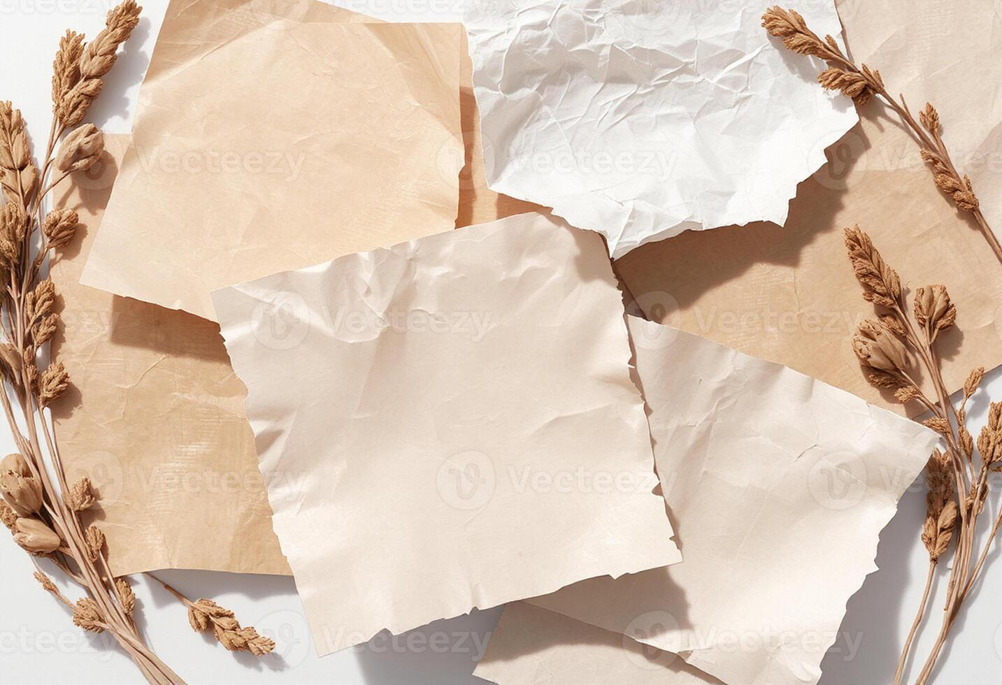 Several pieces of paper and wheat stalks on a white surface photo