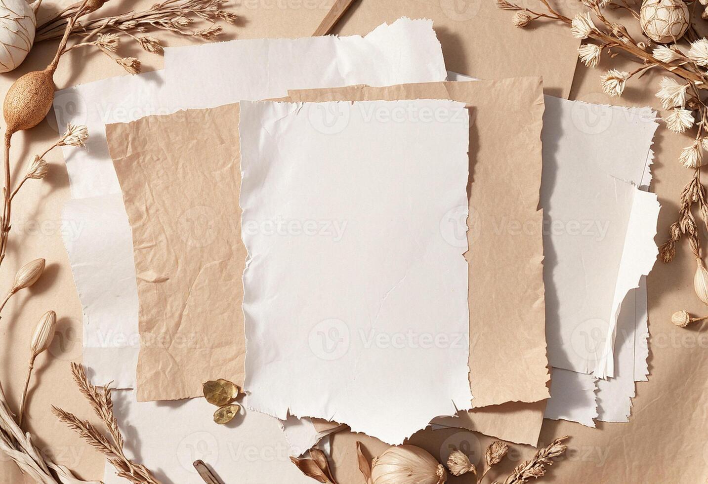 Several pieces of paper and dried flowers on a brown background photo
