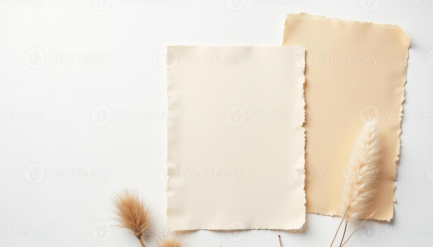 Two pieces of paper with dry grass on a white background photo