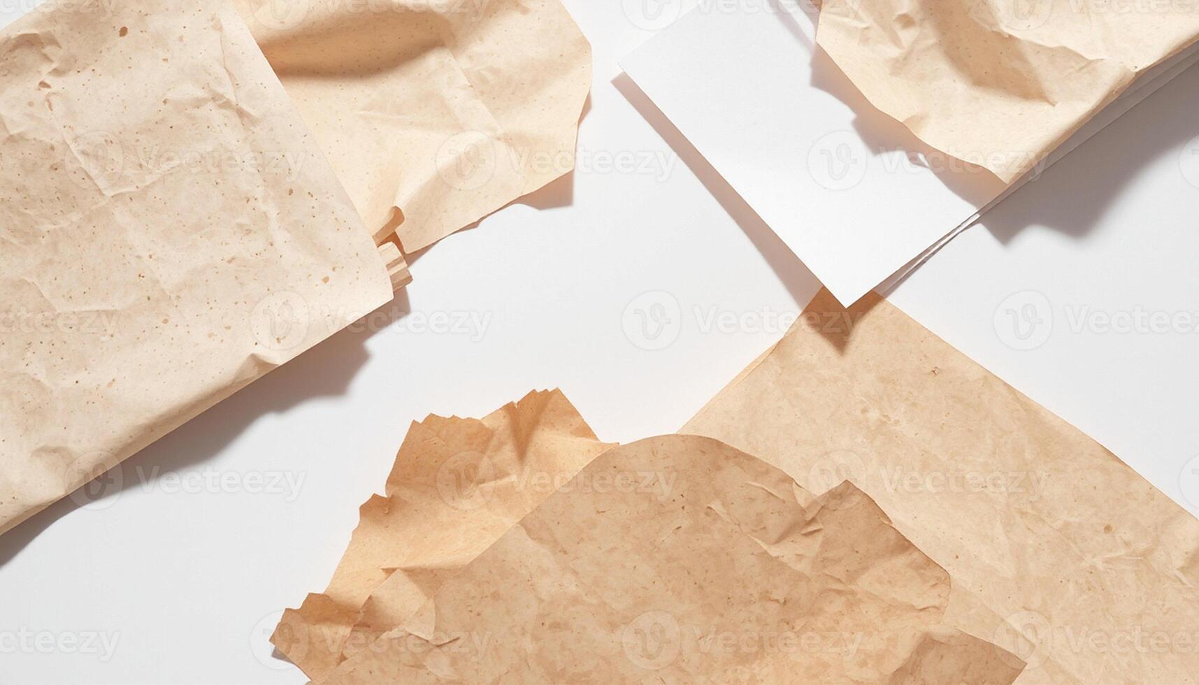 Several pieces of paper are scattered on a white surface photo