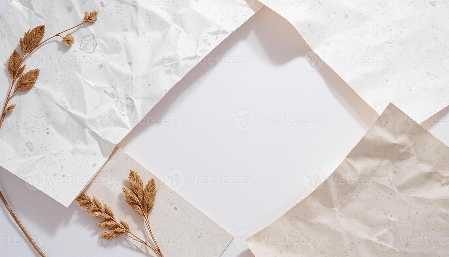 Crumpled paper with wheat and dried flowers on a white background photo