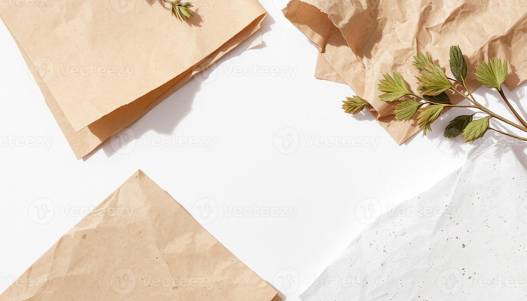 Several pieces of brown paper with leaves on them photo