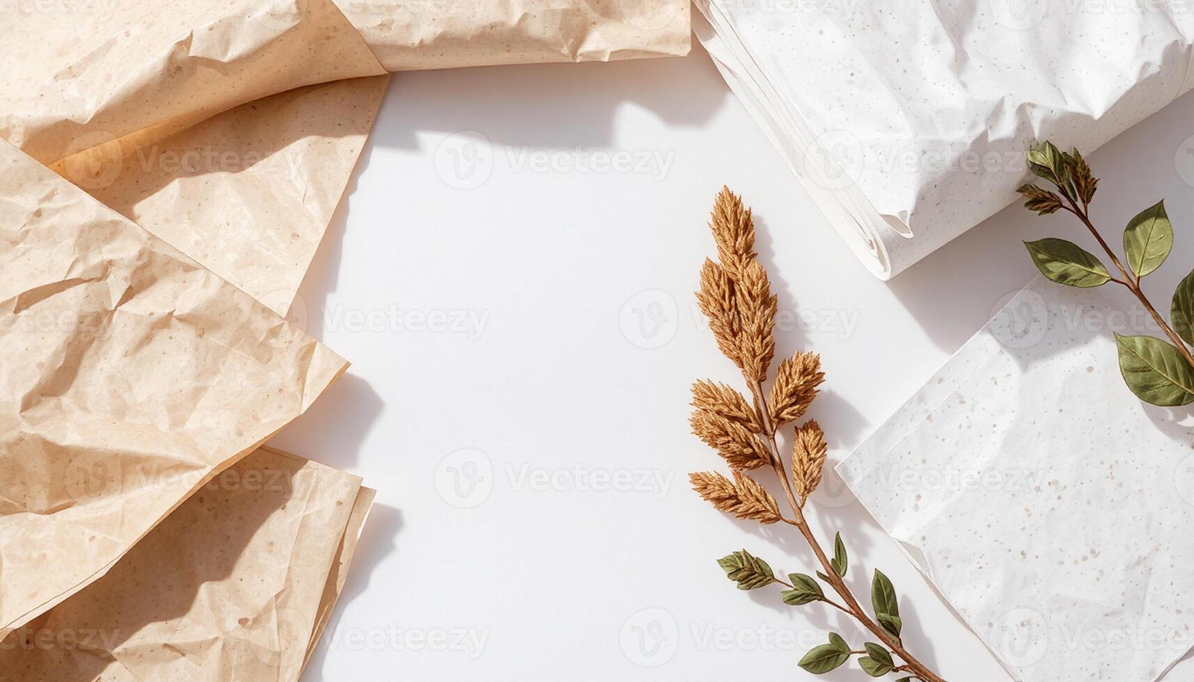 Paper, leaves and flowers on a white surface photo